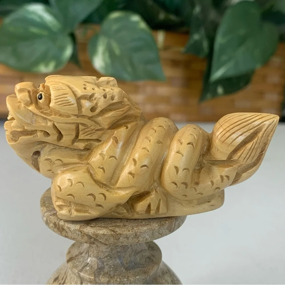 Japanese Netsuke Dragon Snake Beast Boxwood Carving Hand Carved Wood Animal 3.5" - Picture 12 of 16
